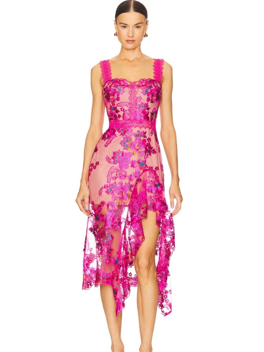 Bronx and Banco Fuchsia Floral Lace High-Low Dress